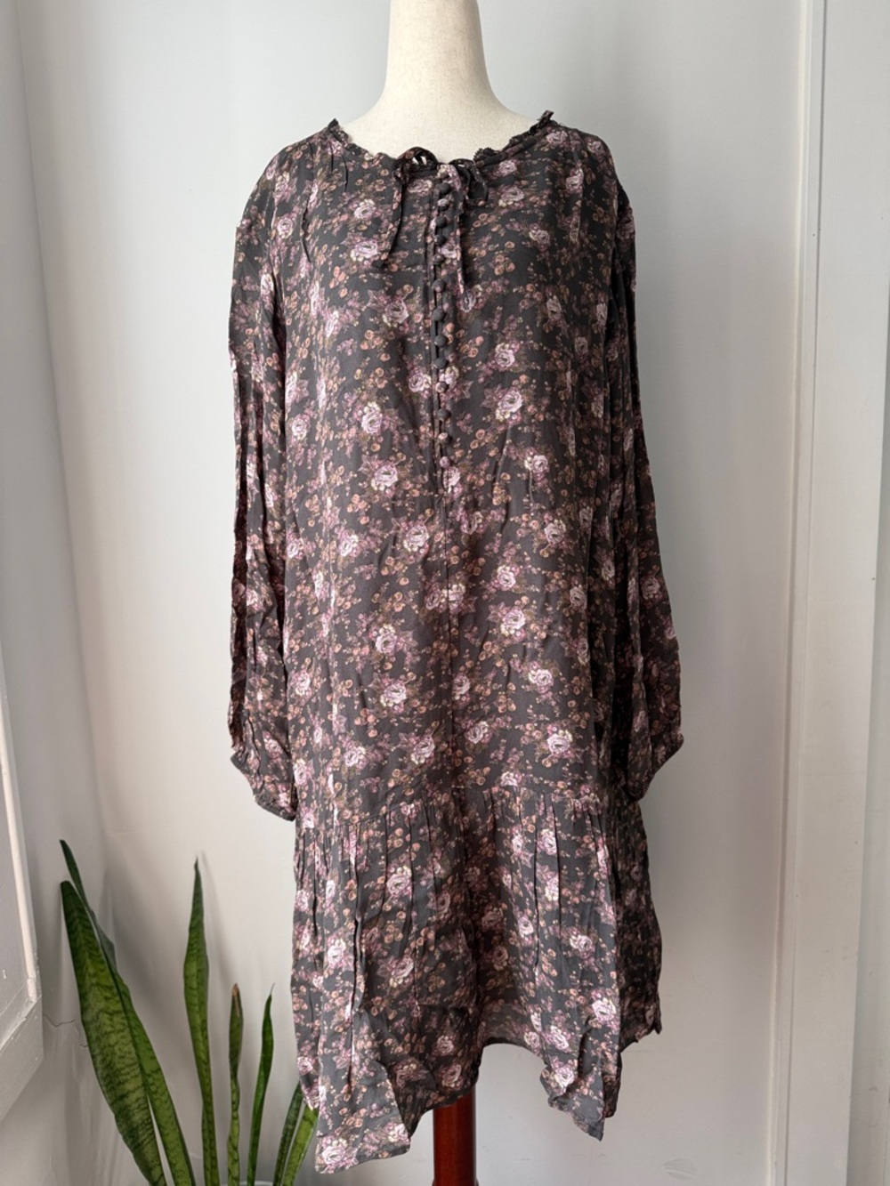 Lucky Brand Dark Brown Floral Long Sleeve Tiered Dress boho plus siz Flowy